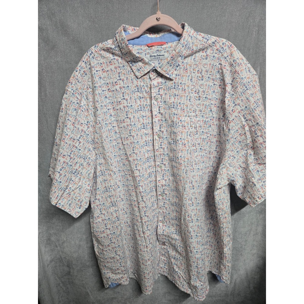 Tommy‎ Bahama Nova Wave Mens 3XLB Seersucker Cocktail Print Shirt White Blue